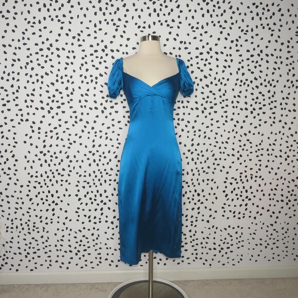 Alexis Blue Cadiz Silk Blend Puff Sleeve Satin Cocktail Midi Dress - Picture 5 of 12